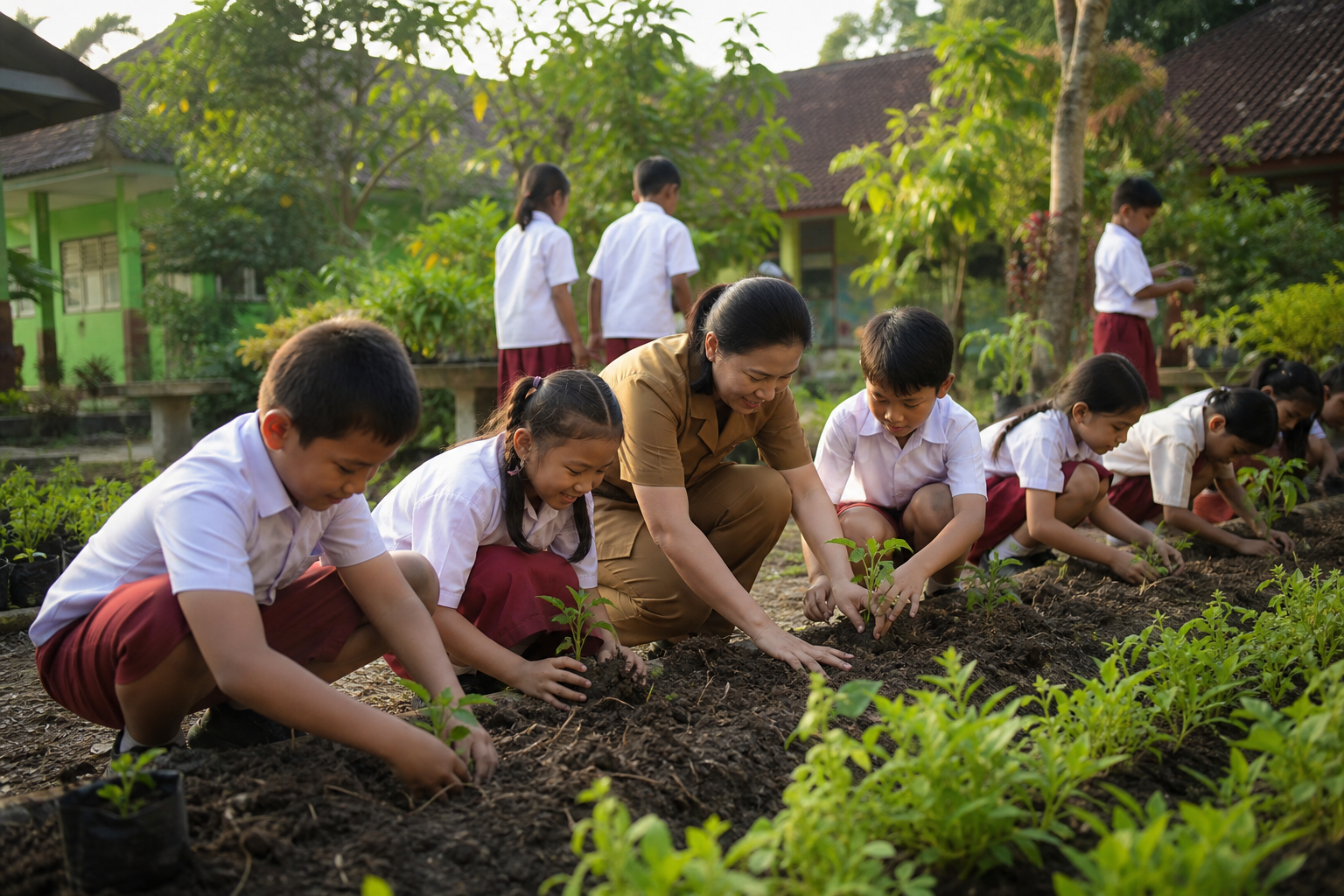 Siswa dan guru menanam di kebun sekolah